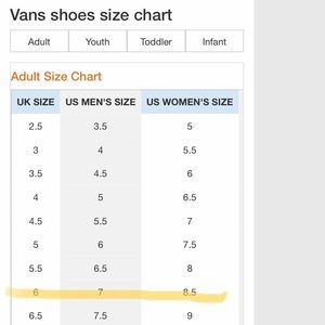 vans youth size chart